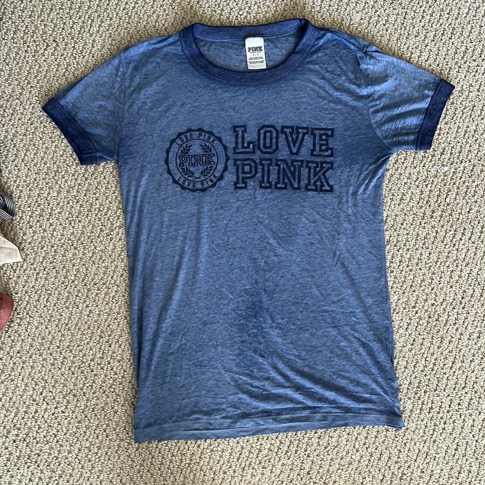 Blue sheer small tshirt saying “love pink”